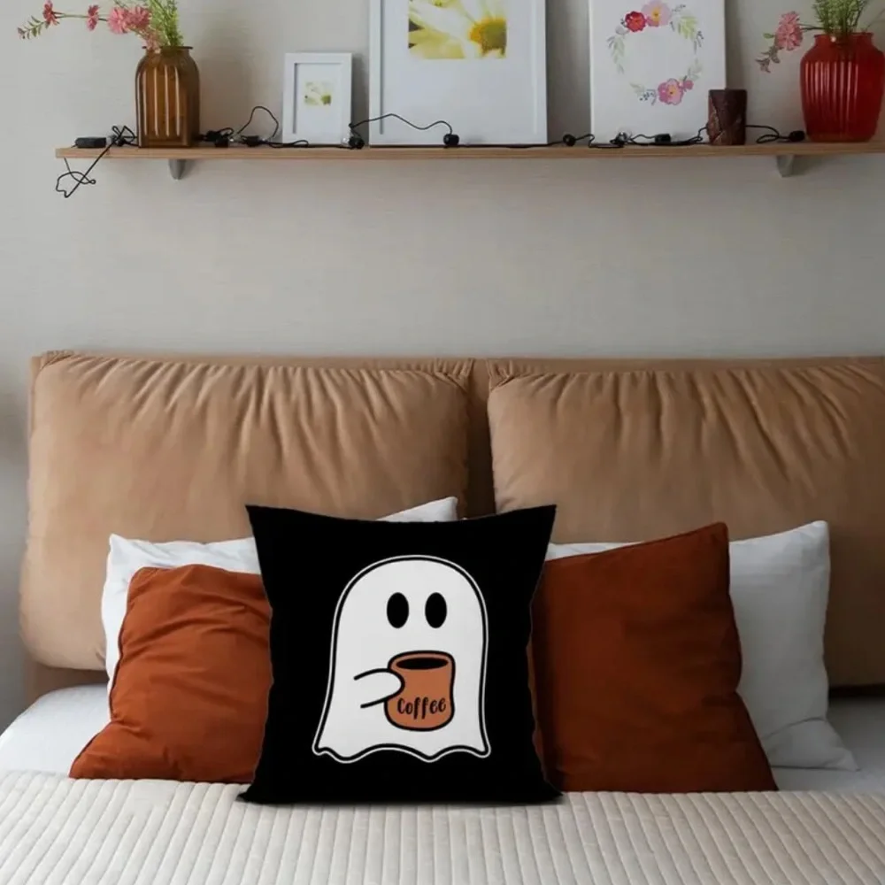 GHOST DRINKING COFFEE PILLOW COVER-NEW